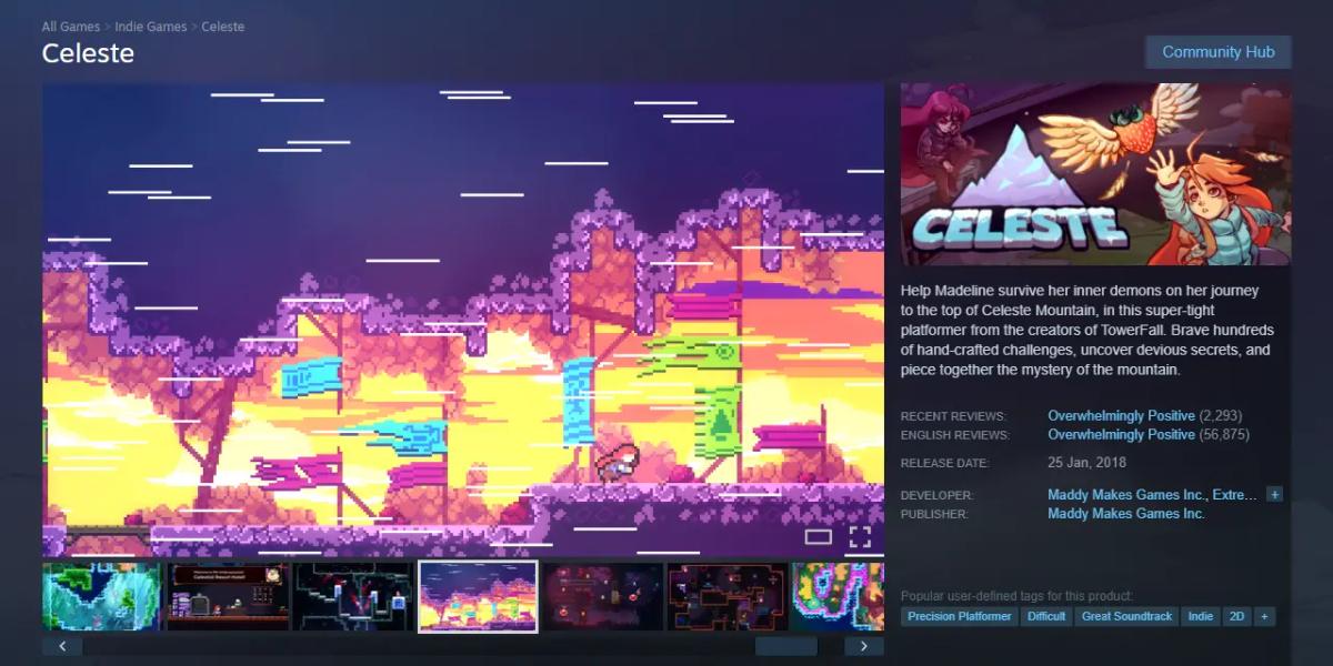 Et screenshot af Steam-butikssiden for spillet Celeste, der viser gameplay-billeder og produktdetaljer.