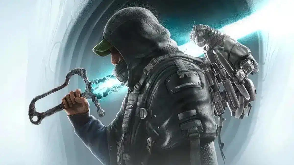 A hooded character from Hell Is Us holding a glowing weapon with a drone attached to their backpack.