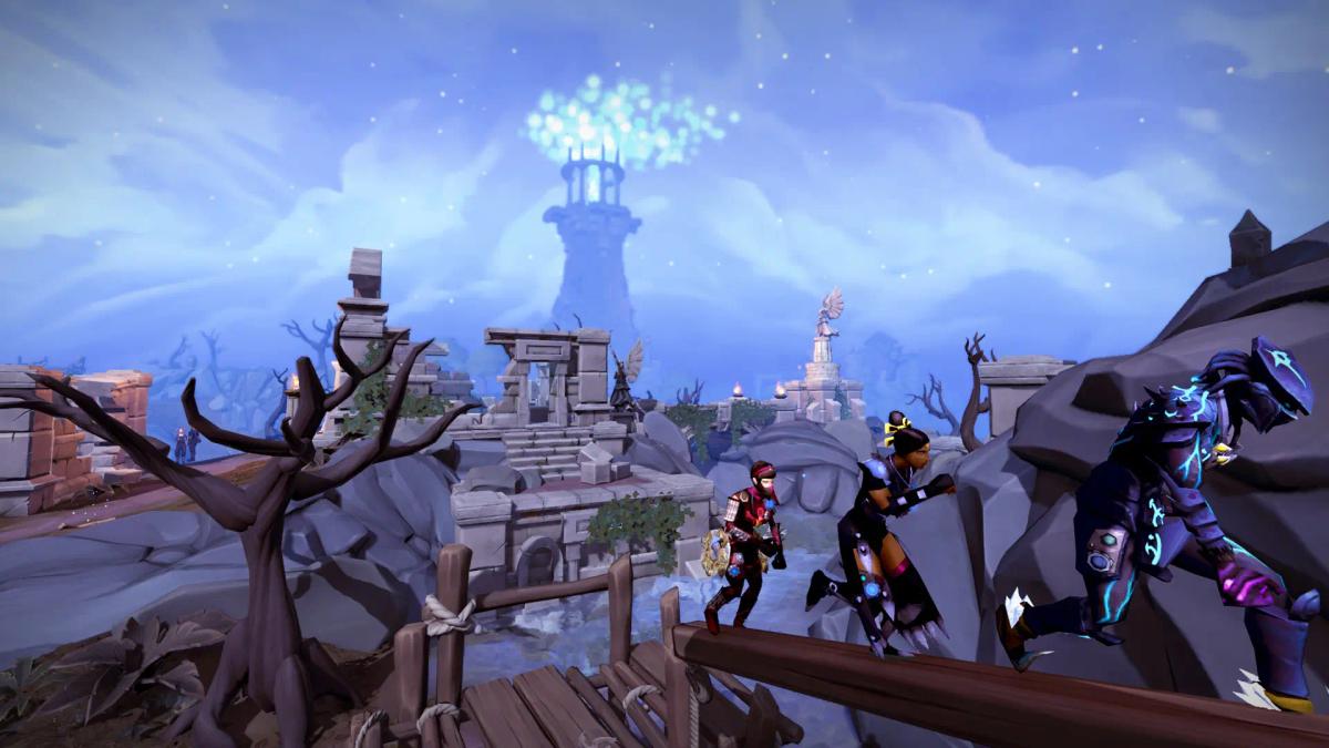 Et gameplay-screenshot fra RuneScape, der viser karakterer, som krydser en træbro i et fantasy-landskab.