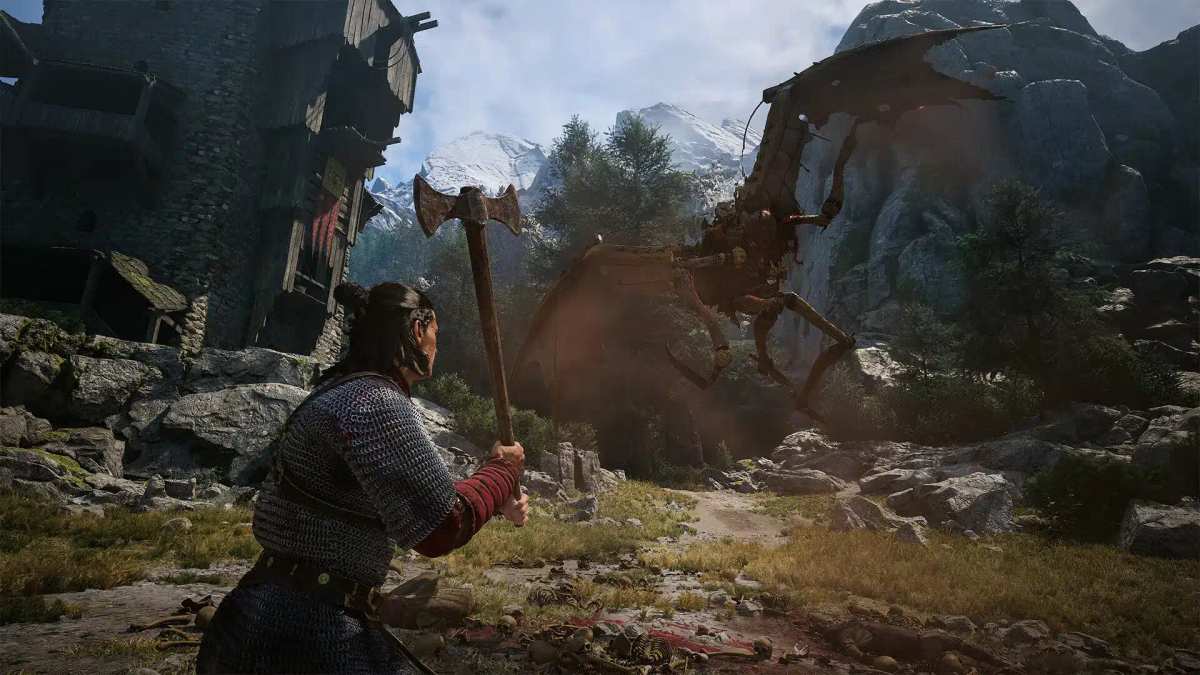 En kriger med en stor økse står over for et bevinget væsen i et bjergrigt landskab i The Blood of Dawnwalker