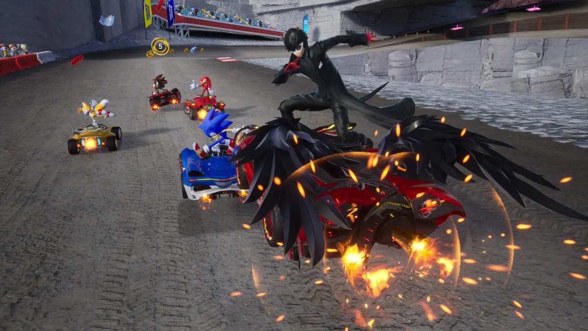 Gameplay fra Sonic Racing: CrossWorlds, der viser Sonic og andre crossover-karakterer køre om kap i biler.